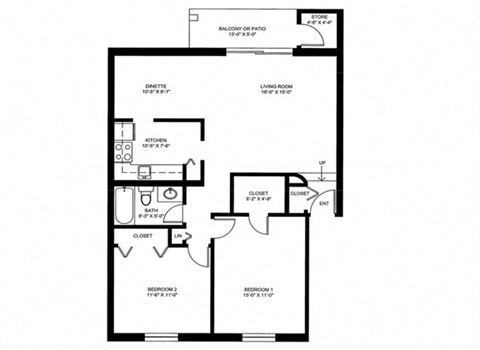 Floor plan for 2 beds, 1 bath, 957 sqft